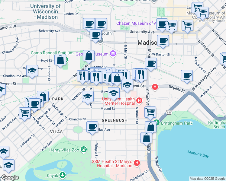 map of restaurants, bars, coffee shops, grocery stores, and more near 1132 Milton Street in Madison