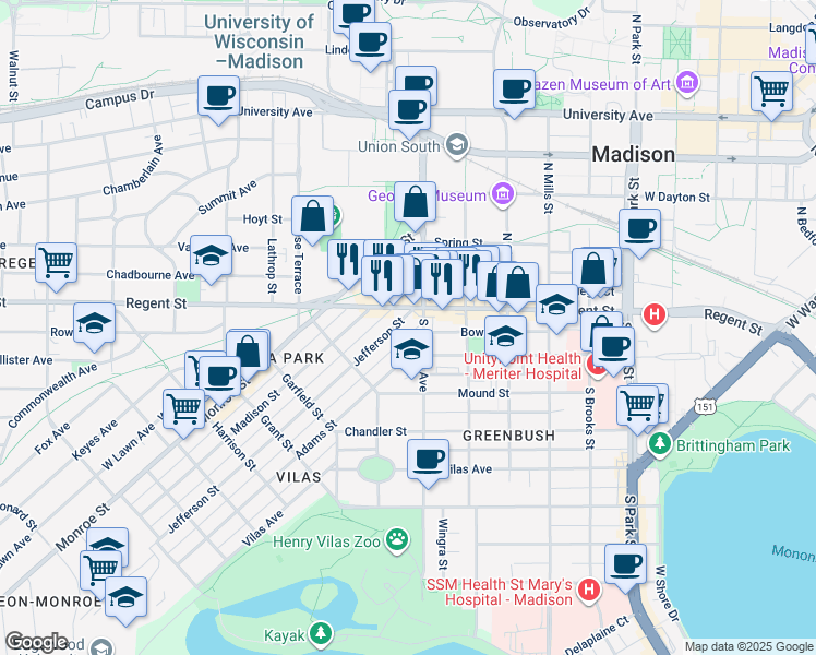 map of restaurants, bars, coffee shops, grocery stores, and more near 102 South Randall Avenue in Madison