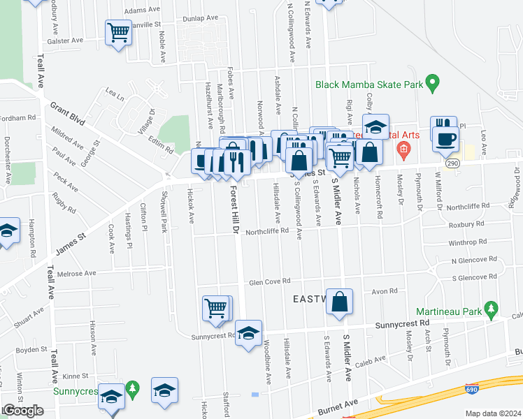 map of restaurants, bars, coffee shops, grocery stores, and more near 149 Woodbine Avenue in Syracuse
