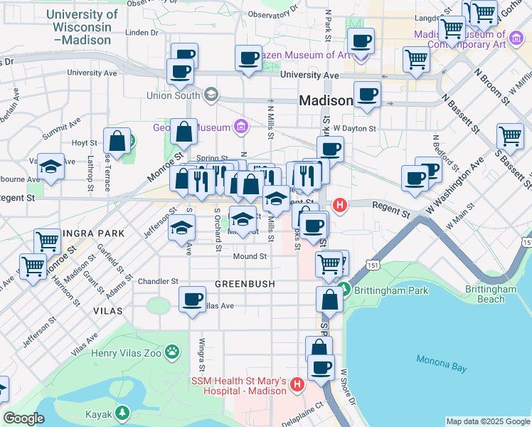 map of restaurants, bars, coffee shops, grocery stores, and more near 1102 Bowen Court in Madison