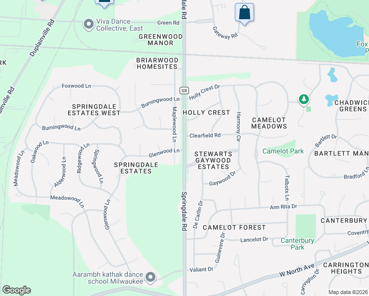 map of restaurants, bars, coffee shops, grocery stores, and more near Springdale Road in Brookfield
