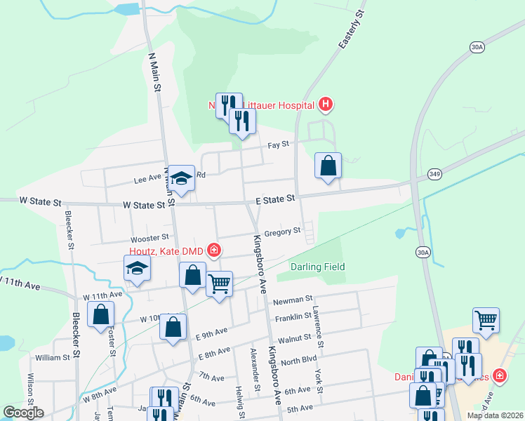 map of restaurants, bars, coffee shops, grocery stores, and more near 244 Kingsboro Avenue in Gloversville
