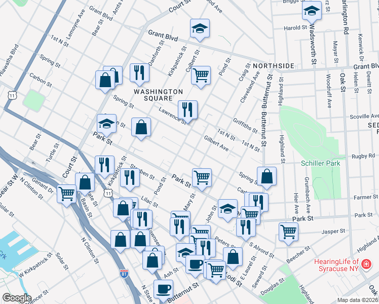 map of restaurants, bars, coffee shops, grocery stores, and more near 516 Carbon Street in Syracuse