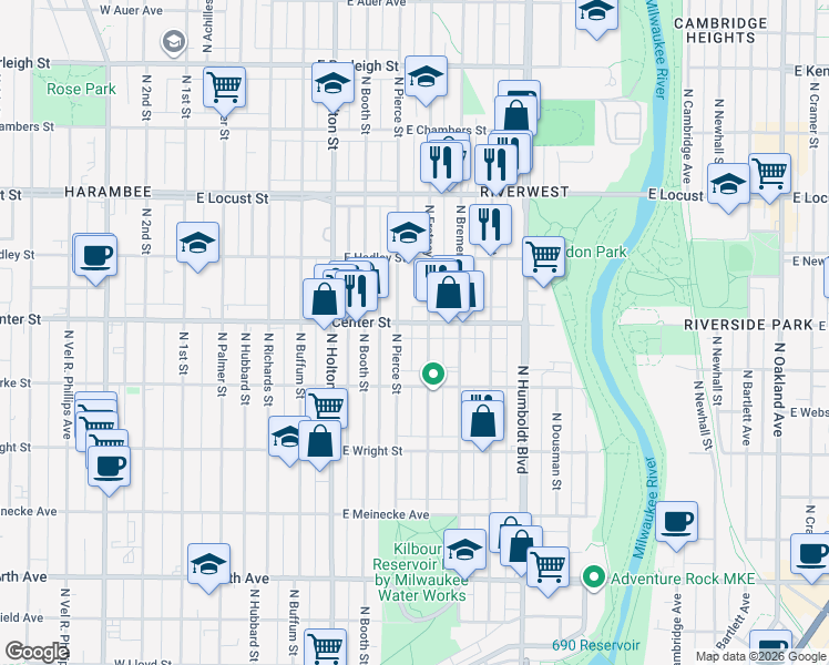 map of restaurants, bars, coffee shops, grocery stores, and more near 2638 North Fratney Street in Milwaukee