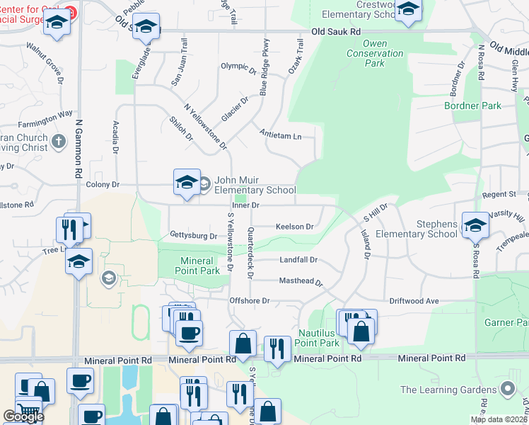 map of restaurants, bars, coffee shops, grocery stores, and more near 6425 Keelson Drive in Madison