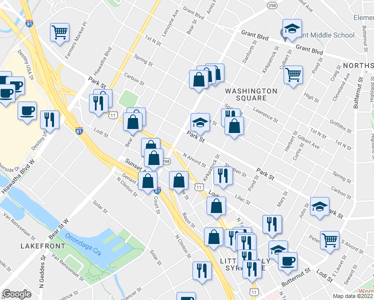 map of restaurants, bars, coffee shops, grocery stores, and more near 906 North Alvord Street in Syracuse