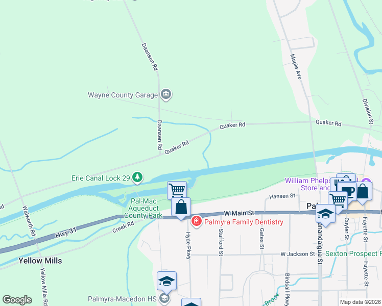 map of restaurants, bars, coffee shops, grocery stores, and more near 2822 Quaker Road in Palmyra