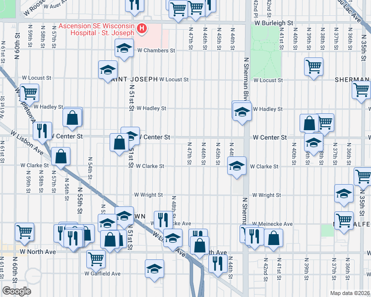 map of restaurants, bars, coffee shops, grocery stores, and more near 2614 North 48th Street in Milwaukee