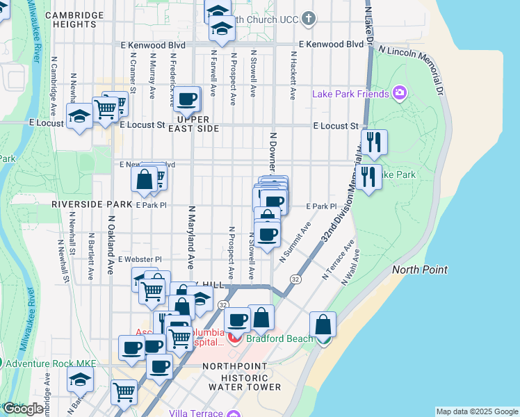map of restaurants, bars, coffee shops, grocery stores, and more near 2513 East Park Place in Milwaukee