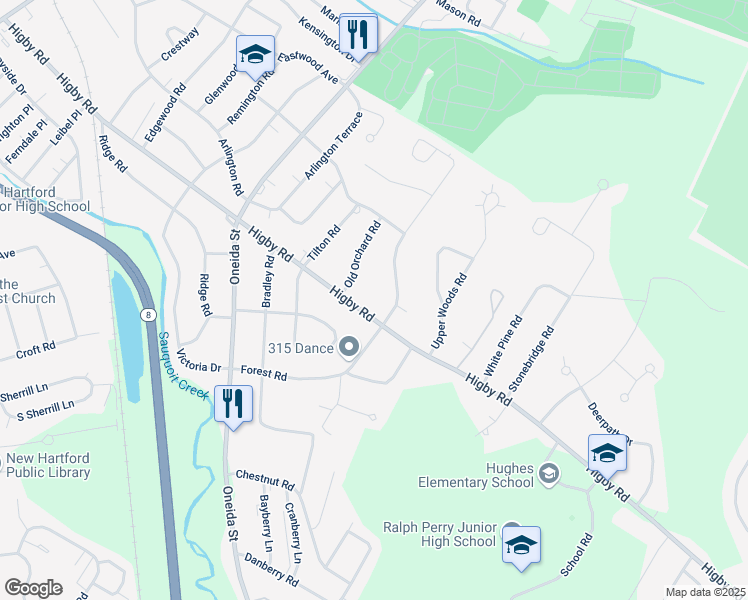 map of restaurants, bars, coffee shops, grocery stores, and more near 234 Higby Road in Utica