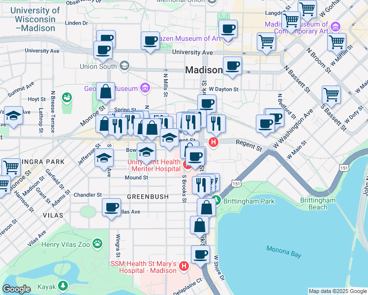 map of restaurants, bars, coffee shops, grocery stores, and more near 36 South Brooks Street in Madison