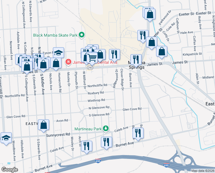 map of restaurants, bars, coffee shops, grocery stores, and more near 258 Roxbury Road in Syracuse