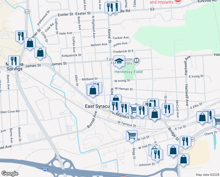 map of restaurants, bars, coffee shops, grocery stores, and more near 119 Kinne Street in East Syracuse