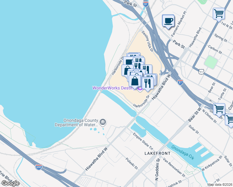 map of restaurants, bars, coffee shops, grocery stores, and more near 450 Hiawatha Boulevard West in Syracuse