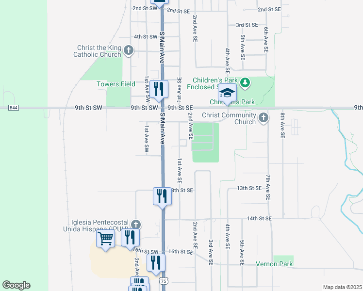 map of restaurants, bars, coffee shops, grocery stores, and more near 1097-1229 1st Avenue Southeast in Sioux Center