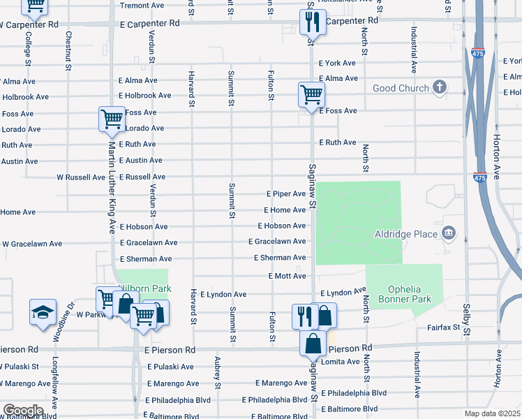 map of restaurants, bars, coffee shops, grocery stores, and more near 513 East Home Avenue in Flint