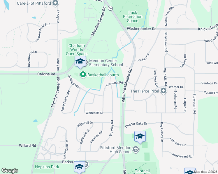 map of restaurants, bars, coffee shops, grocery stores, and more near 4 Bromley Road in Pittsford