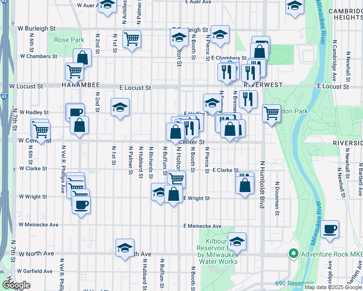 map of restaurants, bars, coffee shops, grocery stores, and more near 2723 North Booth Street in Milwaukee