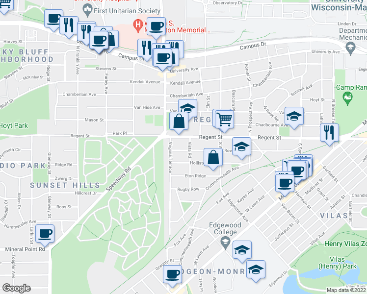 map of restaurants, bars, coffee shops, grocery stores, and more near 2310 Rowley Avenue in Madison