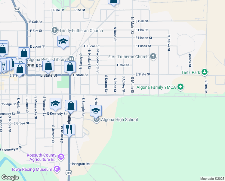 map of restaurants, bars, coffee shops, grocery stores, and more near 1301-1399 E Nebraska St in Algona