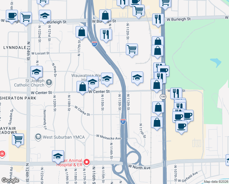 map of restaurants, bars, coffee shops, grocery stores, and more near 11328-11372 West Center Street in Wauwatosa