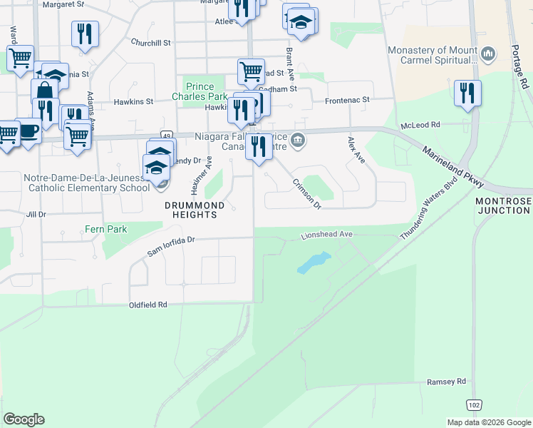 map of restaurants, bars, coffee shops, grocery stores, and more near 6166 Wildrose Crescent in Niagara Falls