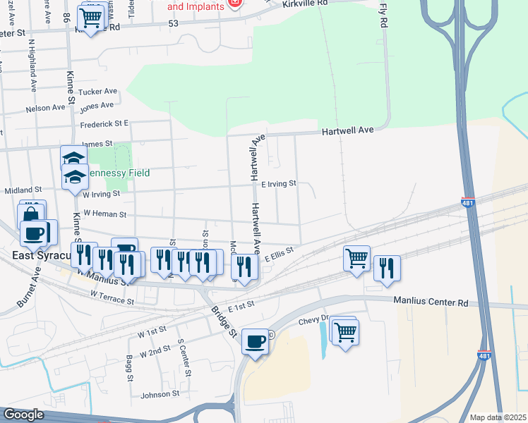 map of restaurants, bars, coffee shops, grocery stores, and more near 105 Spring Street in East Syracuse
