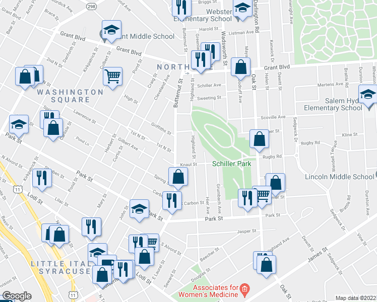 map of restaurants, bars, coffee shops, grocery stores, and more near 1048 Highland Street in Syracuse