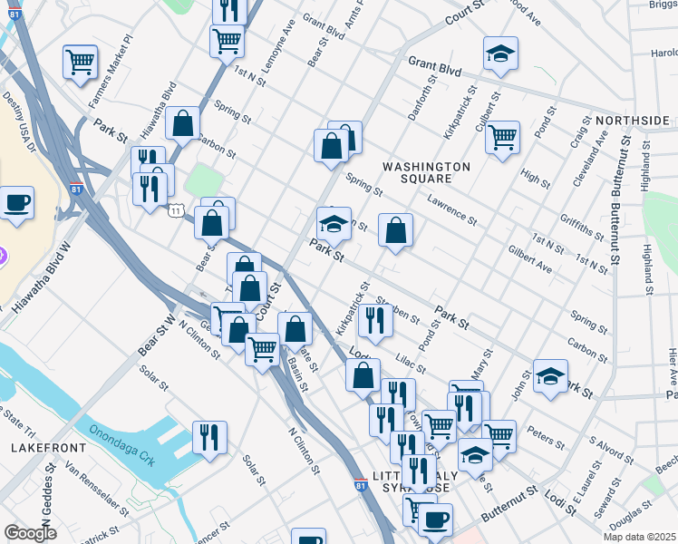 map of restaurants, bars, coffee shops, grocery stores, and more near in Syracuse