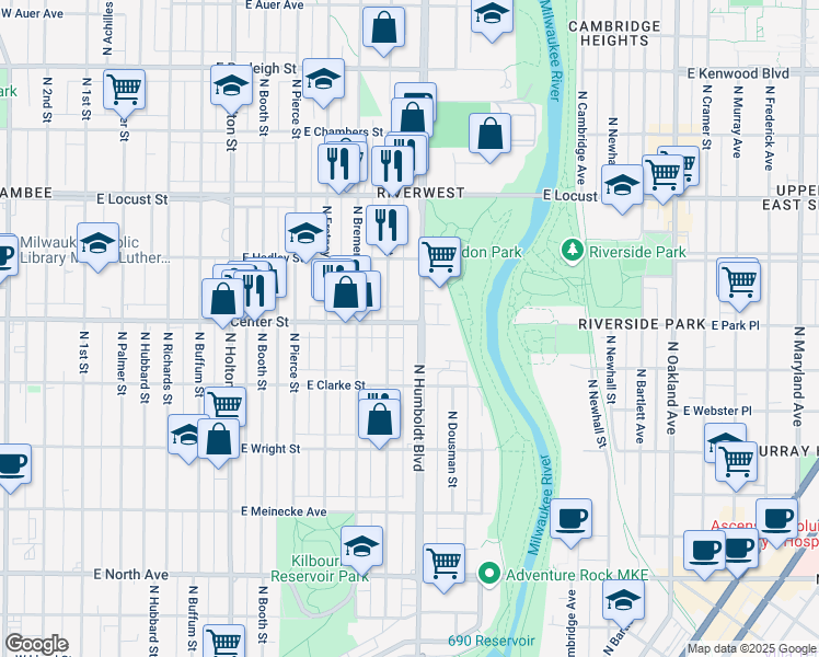 map of restaurants, bars, coffee shops, grocery stores, and more near 2715 North Humboldt Boulevard in Milwaukee