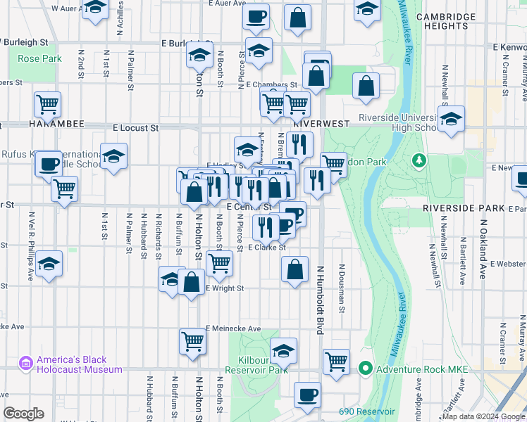 map of restaurants, bars, coffee shops, grocery stores, and more near 2720 North Fratney Street in Milwaukee