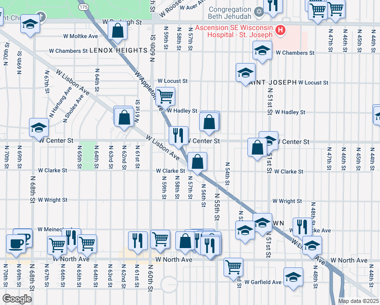 map of restaurants, bars, coffee shops, grocery stores, and more near 5622 West Center Street in Milwaukee