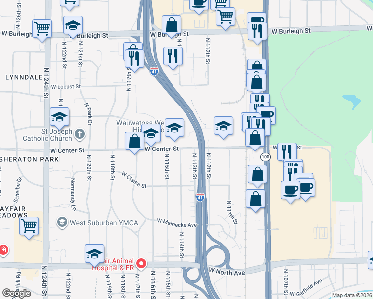 map of restaurants, bars, coffee shops, grocery stores, and more near 11328-11372 West Center Street in Wauwatosa