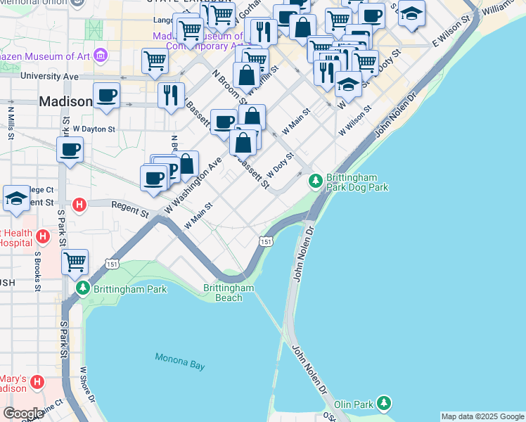 map of restaurants, bars, coffee shops, grocery stores, and more near in Madison