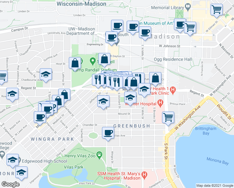 map of restaurants, bars, coffee shops, grocery stores, and more near 1308 Regent Street in Madison