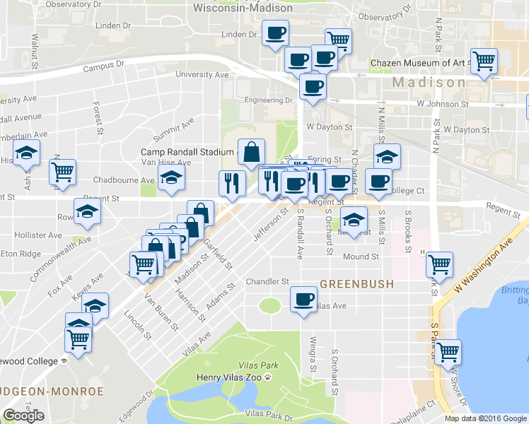 map of restaurants, bars, coffee shops, grocery stores, and more near 1402 Regent Street in Madison