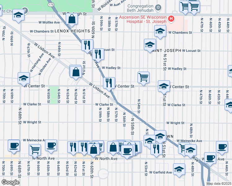 map of restaurants, bars, coffee shops, grocery stores, and more near 5622 West Center Street in Milwaukee