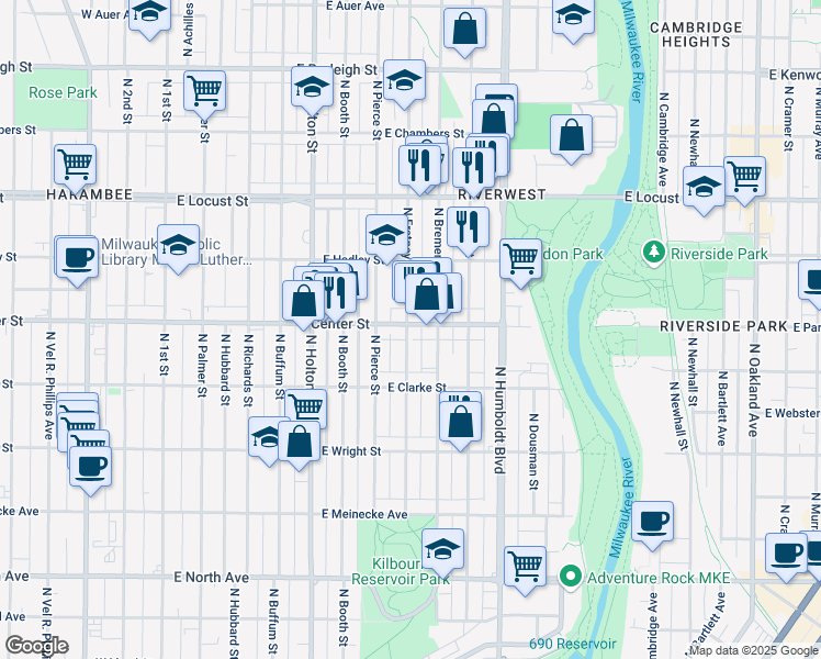 map of restaurants, bars, coffee shops, grocery stores, and more near 801 East Center Street in Milwaukee