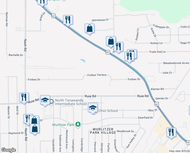 map of restaurants, bars, coffee shops, grocery stores, and more near 63 Forbes Terrace in North Tonawanda