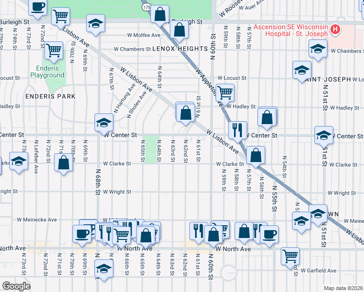 map of restaurants, bars, coffee shops, grocery stores, and more near 6201 West Center Street in Milwaukee