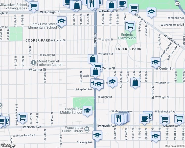 map of restaurants, bars, coffee shops, grocery stores, and more near 7623 West Center Street in Milwaukee
