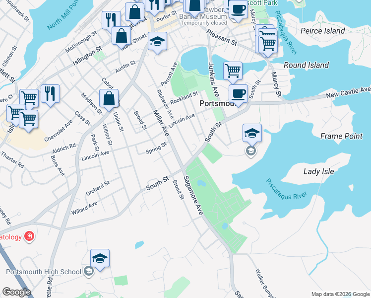 map of restaurants, bars, coffee shops, grocery stores, and more near 454 Richards Avenue in Portsmouth