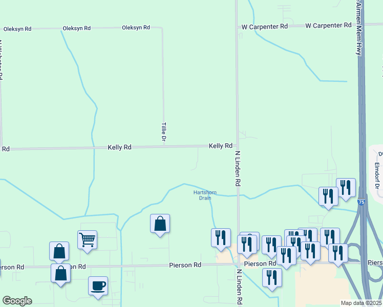 map of restaurants, bars, coffee shops, grocery stores, and more near 5105 Kelly Road in Flint