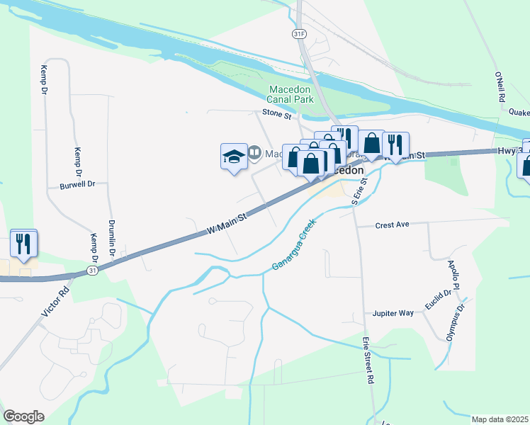 map of restaurants, bars, coffee shops, grocery stores, and more near 45 West Main Street in Macedon
