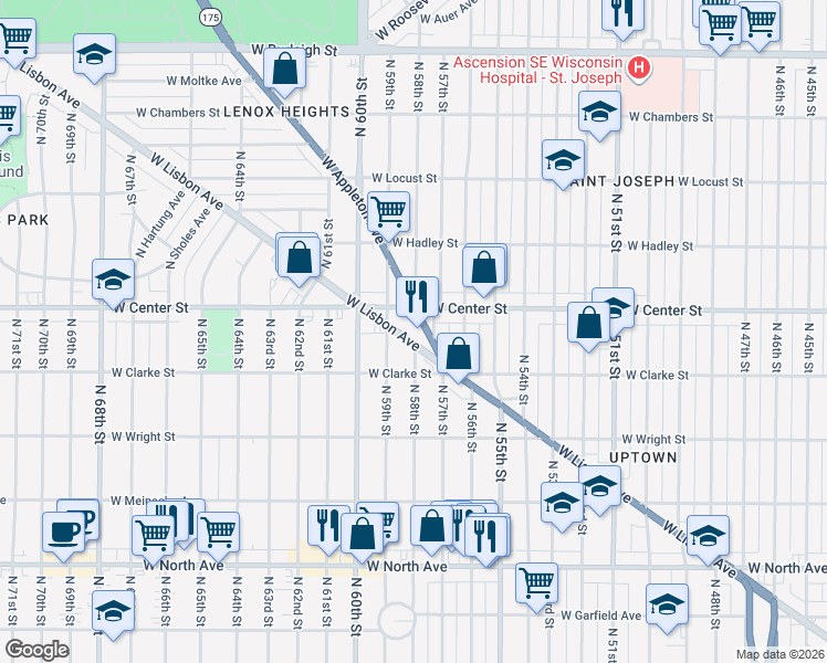 map of restaurants, bars, coffee shops, grocery stores, and more near 5724 West Center Street in Milwaukee