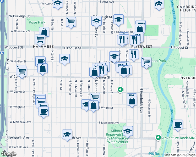 map of restaurants, bars, coffee shops, grocery stores, and more near 2723 North Booth Street in Milwaukee