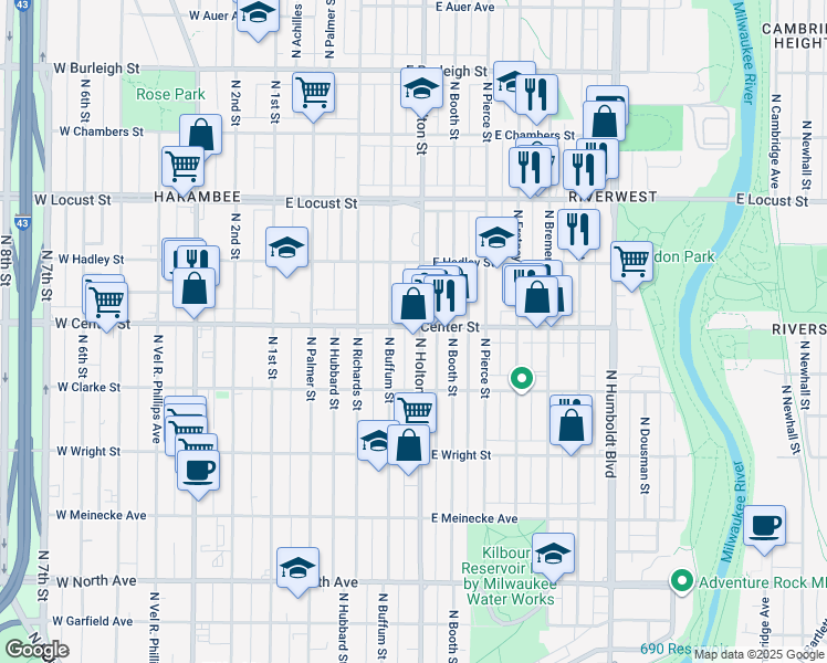 map of restaurants, bars, coffee shops, grocery stores, and more near 2724A North Buffum Street in Milwaukee