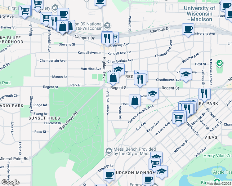 map of restaurants, bars, coffee shops, grocery stores, and more near 2310 Rowley Avenue in Madison
