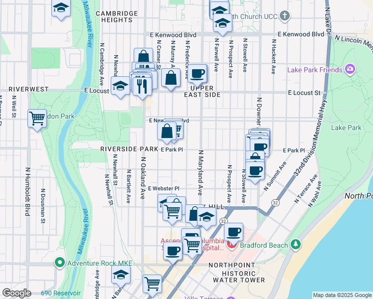 map of restaurants, bars, coffee shops, grocery stores, and more near North Frederick Avenue & East Park Place in Milwaukee