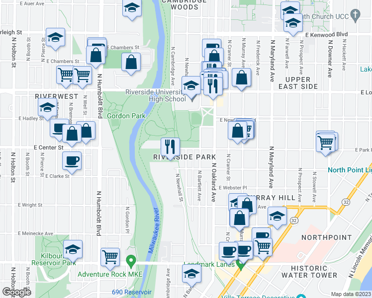 map of restaurants, bars, coffee shops, grocery stores, and more near N Newhall St & E Park Pl in Milwaukee